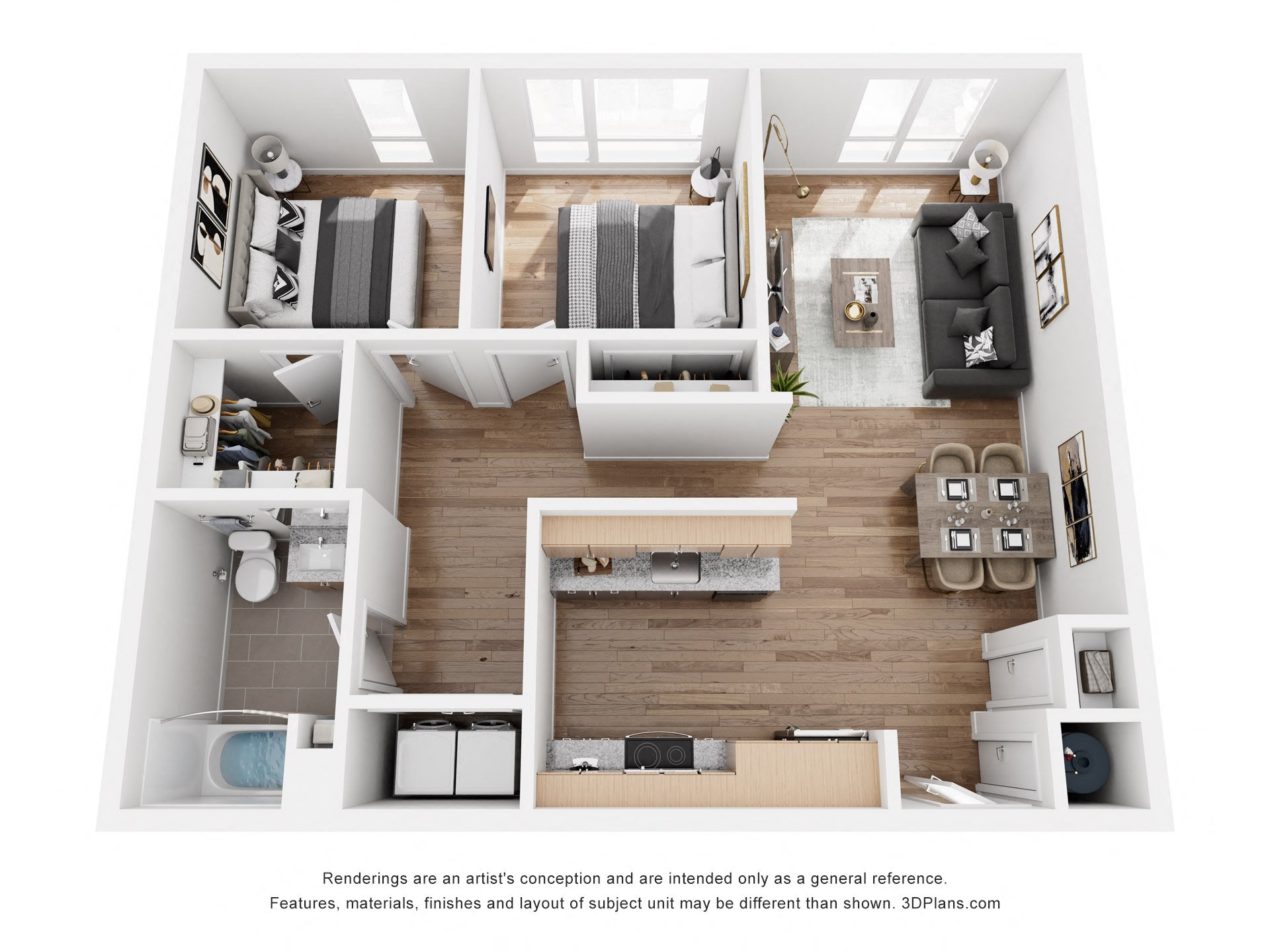 Floor plan for 2 beds, 1 bath, 864 sqft